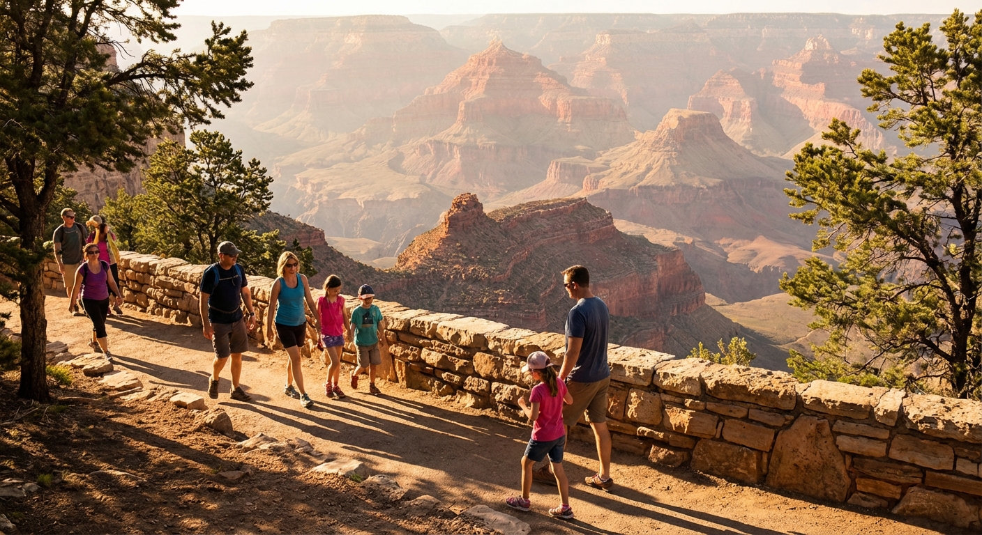 People strolling along the Grand Canyon Rim Trail with a stone wall on one side and an expansive canyon view beyond, warm late afternoon light, realistic travel photography