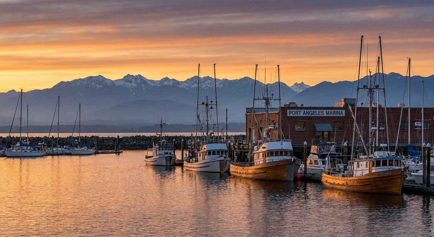 Port Angeles waterfront with small boats in the harbor, low evening sun, and the Olympic Mountains faintly visible in the distance, photorealistic