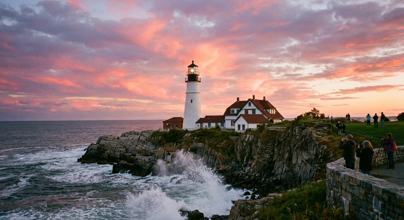 Portland Head Light lighthouse standing on a rocky cliff with waves breaking below, the sky glowing pink near sunset, a few people watching from the grassy park, photorealistic coastal photography