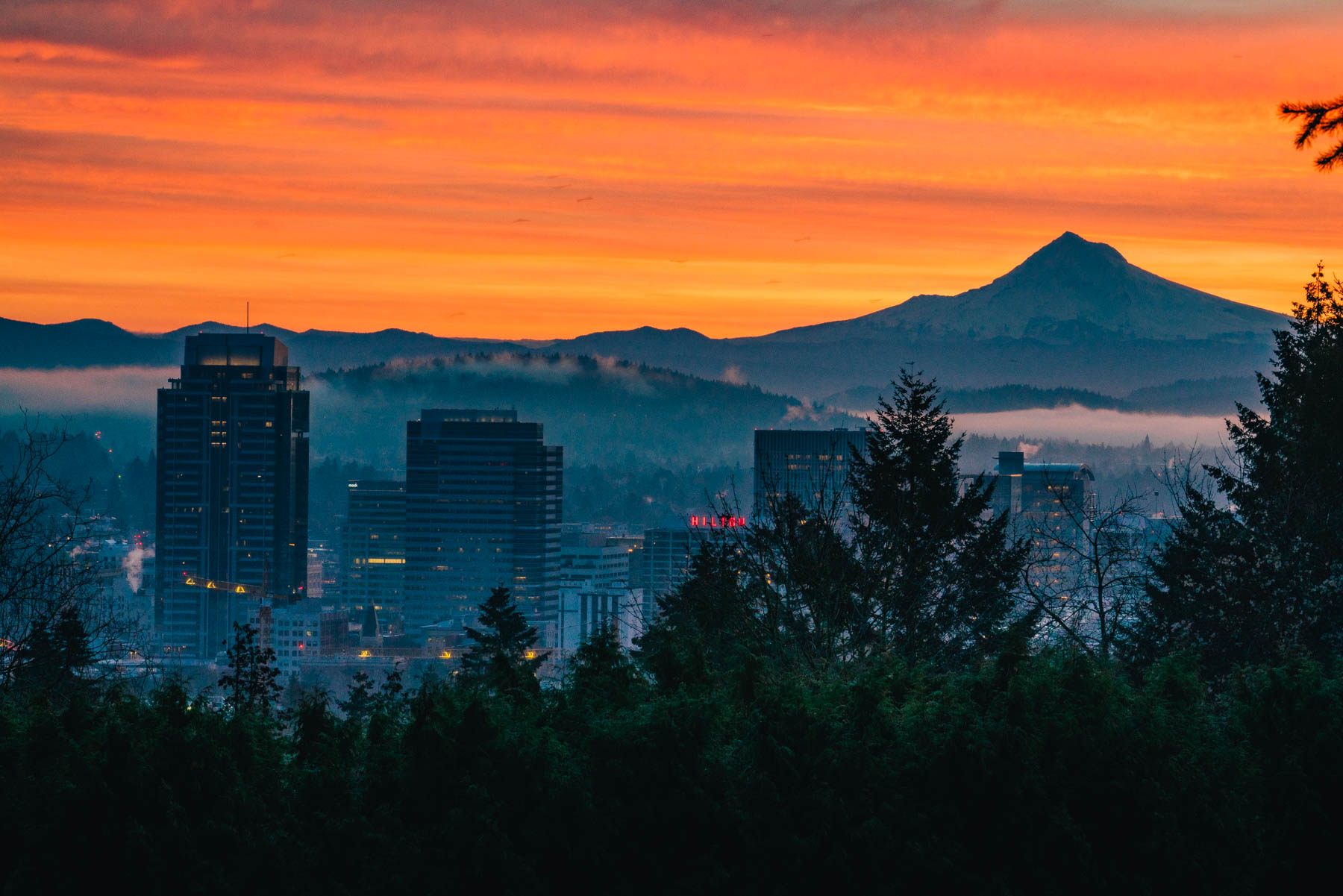Portland skyline at sunset from a hillside viewpoint with the river and bridges visible under a soft pink and orange sky