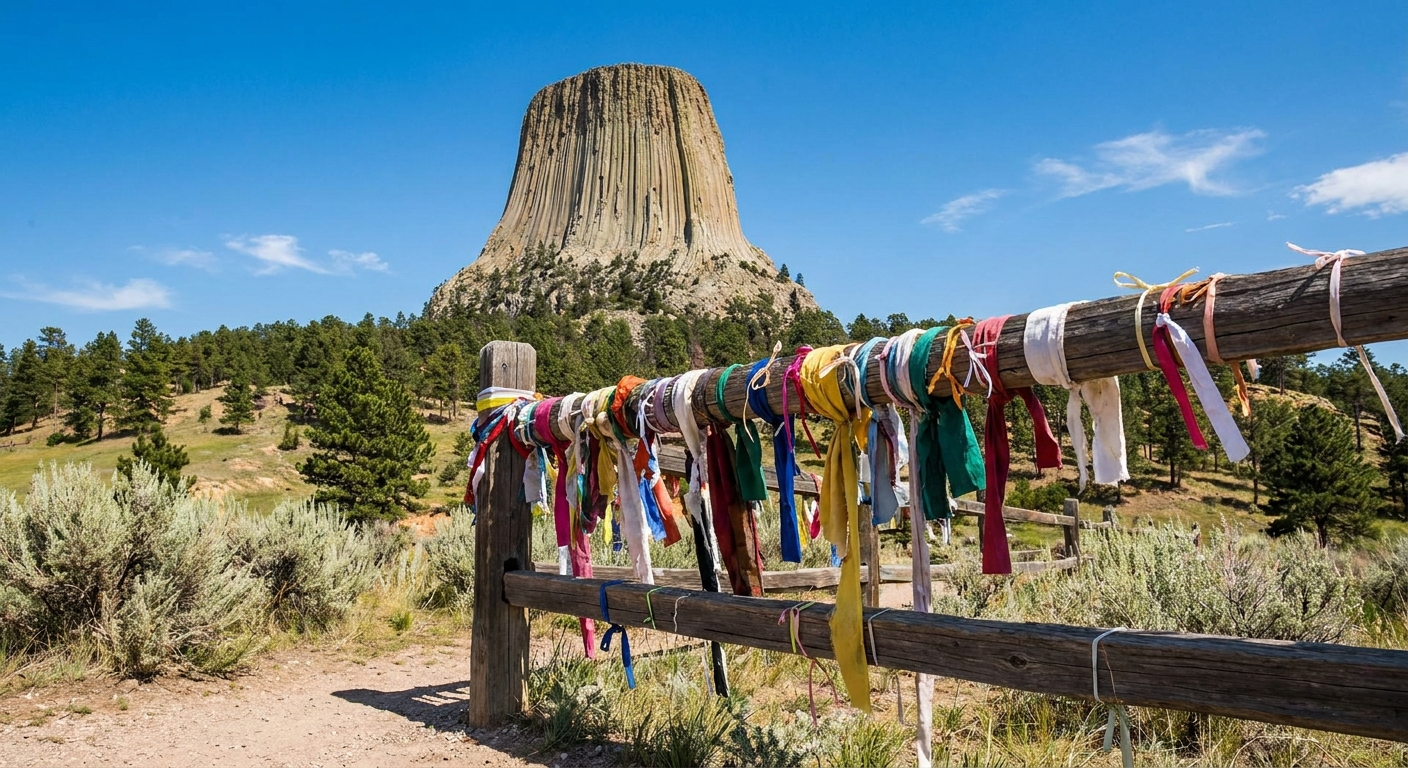Prayer cloths tied to a wooden fence near the base of Devils Tower with the monolith rising in the background on a clear day, natural travel photography