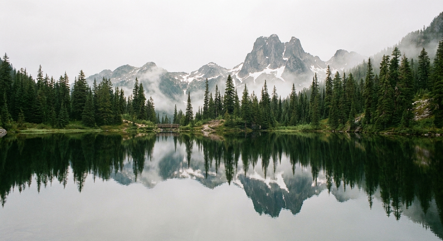 Rainy Lake near Rainy Pass with calm water reflecting evergreen trees and rocky peaks under soft overcast light