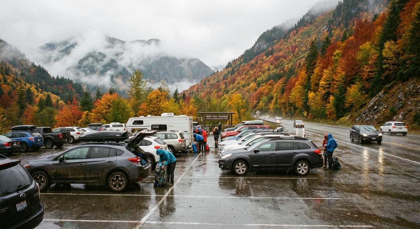 Rainy Pass trailhead parking area in autumn with many parked cars and hikers preparing backpacks near Highway 20 in the North Cascades
