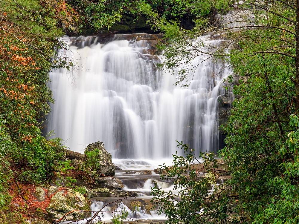 Ramsey Cascades waterfall spilling down a tall rock face into a forested basin in Great Smoky Mountains National Park, lush green trees and wet boulders, real photograph