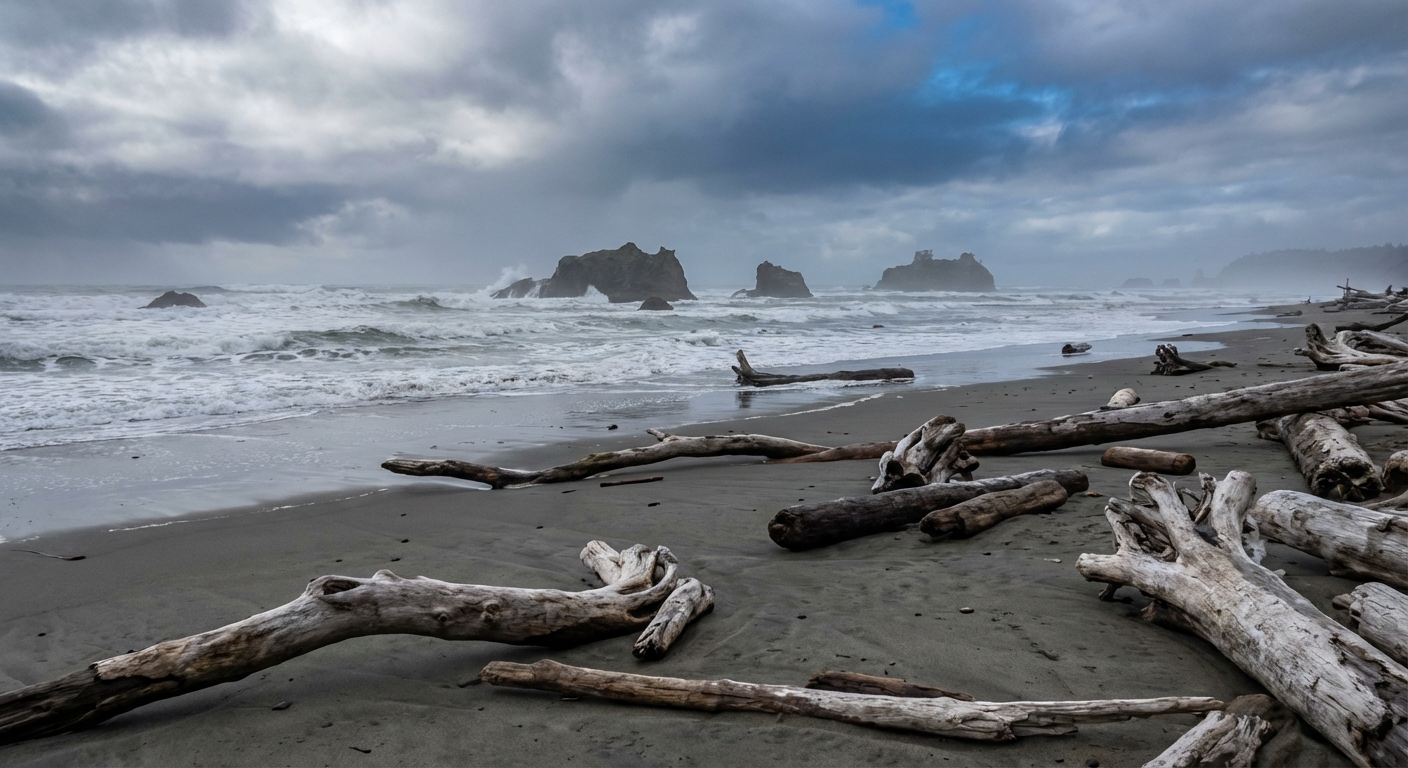 Rialto Beach in Olympic National Park with dark sand, large driftwood logs, sea stacks offshore, and waves crashing under a cloudy sky, photorealistic