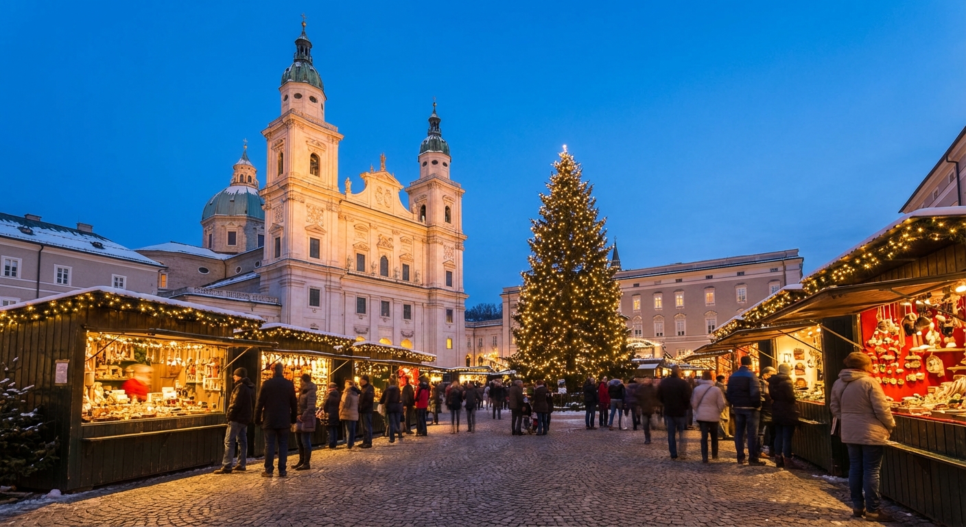 Salzburg’s Cathedral Square during a Christmas market in the early evening, with the domed cathedral glowing behind festive wooden stalls and a tall Christmas tree lit with warm white lights, photorealistic travel photography
