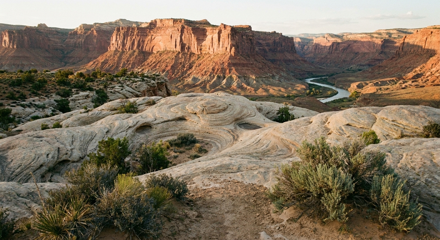 Slickrock viewpoint near Escalante with pale sandstone in the foreground and red cliffs in the distance in afternoon light