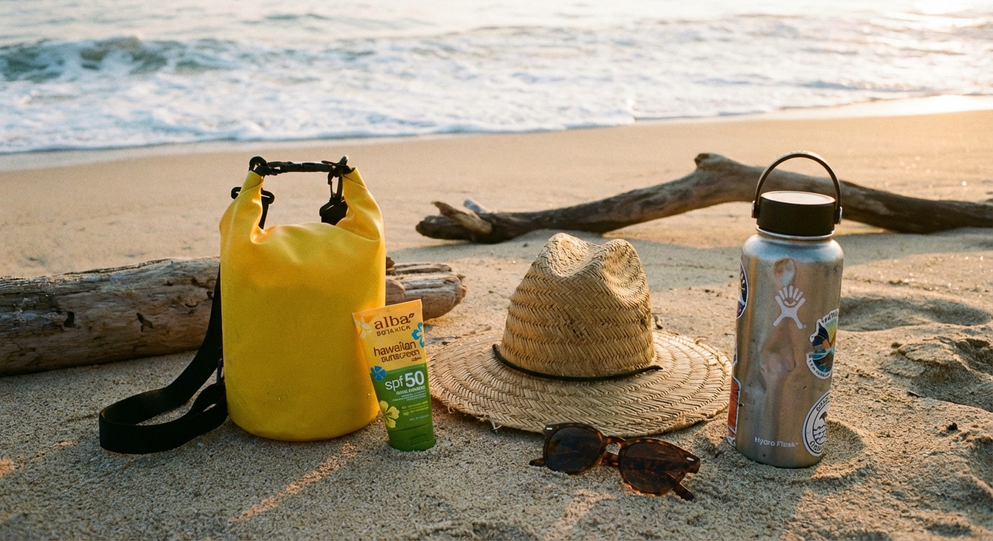Small dry bag on a sandy beach with sunscreen, a hat, sunglasses, and a reusable water bottle beside it