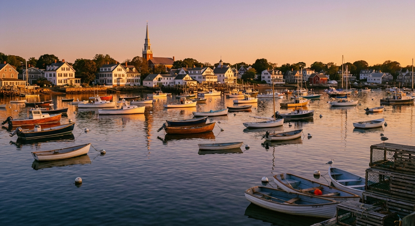 Small fishing boats bobbing in Marblehead Harbor at golden hour with white clapboard houses and a church steeple on the shoreline, calm water reflecting the sky, photorealistic coastal New England photography