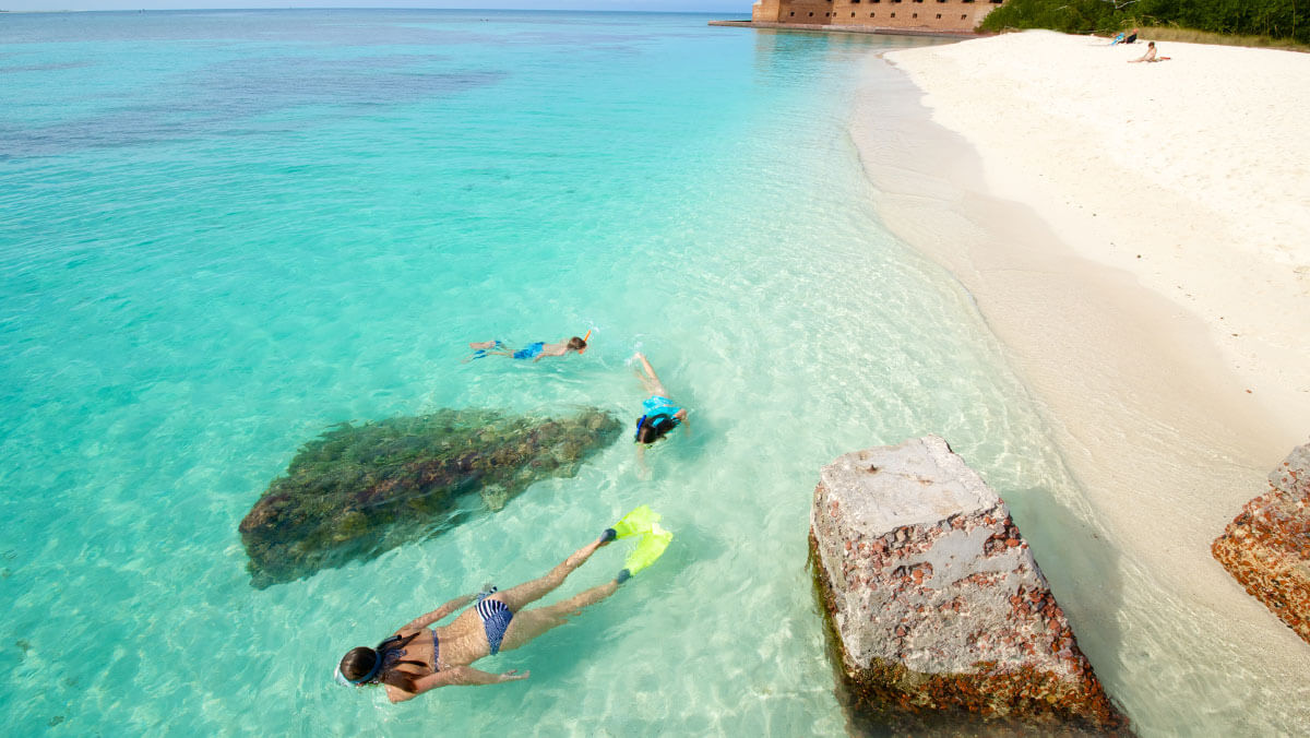 Snorkeler in clear shallow water near the shoreline at Dry Tortugas with Fort Jefferson in the background