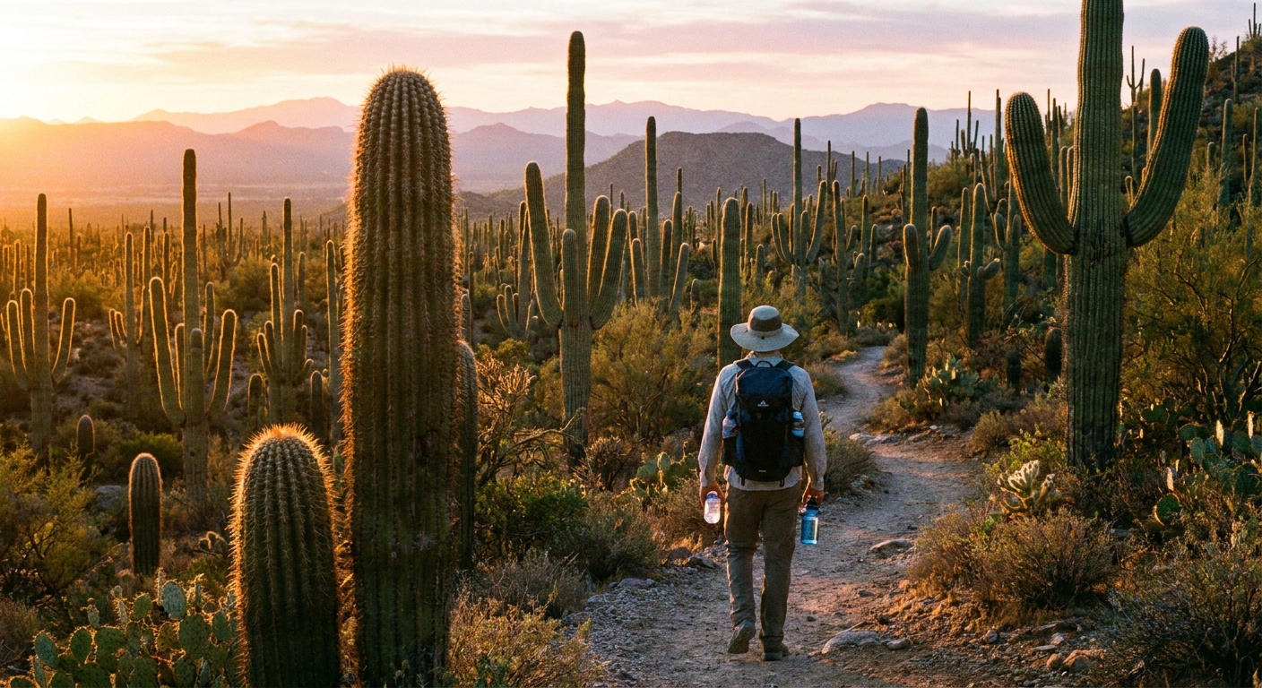 Solo hiker walking at sunrise on a desert trail in Saguaro National Park wearing a wide-brim hat and carrying water with saguaros glowing in early light