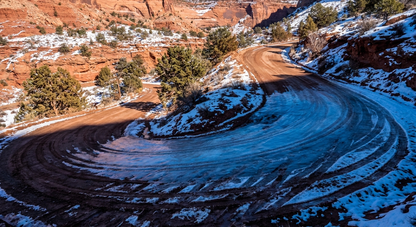 Southern Utah dirt road in winter with a shaded icy patch on a curve