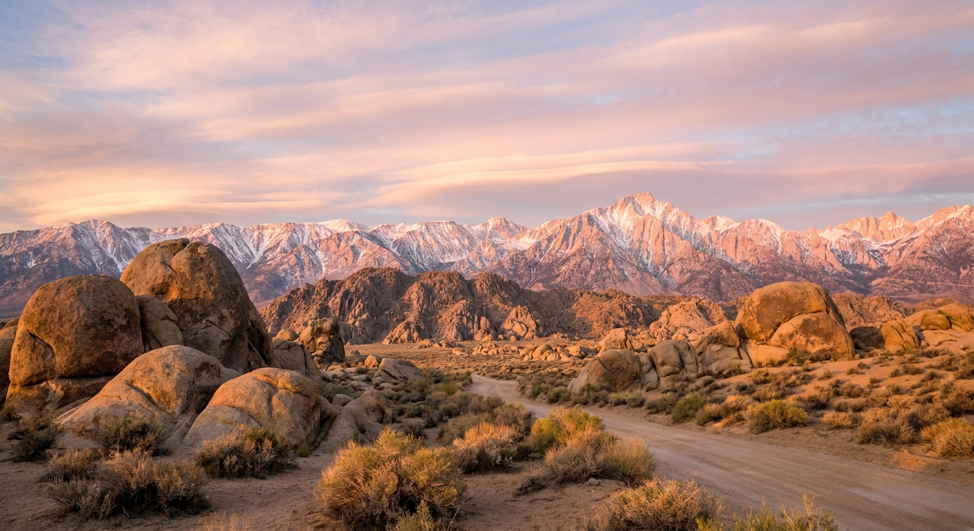 Sunrise in Alabama Hills with rounded granite boulders in the foreground and the Sierra Nevada peaks glowing pink behind them, real landscape photograph