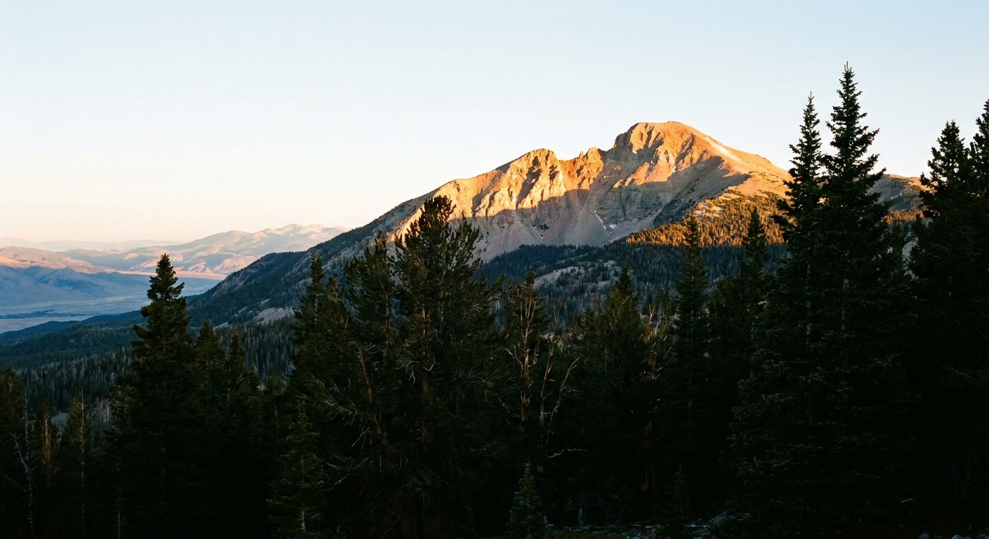 Sunrise light hitting Wheeler Peak in Great Basin National Park, Nevada, with dark conifer forest in the foreground and clear mountain air, realistic travel photography