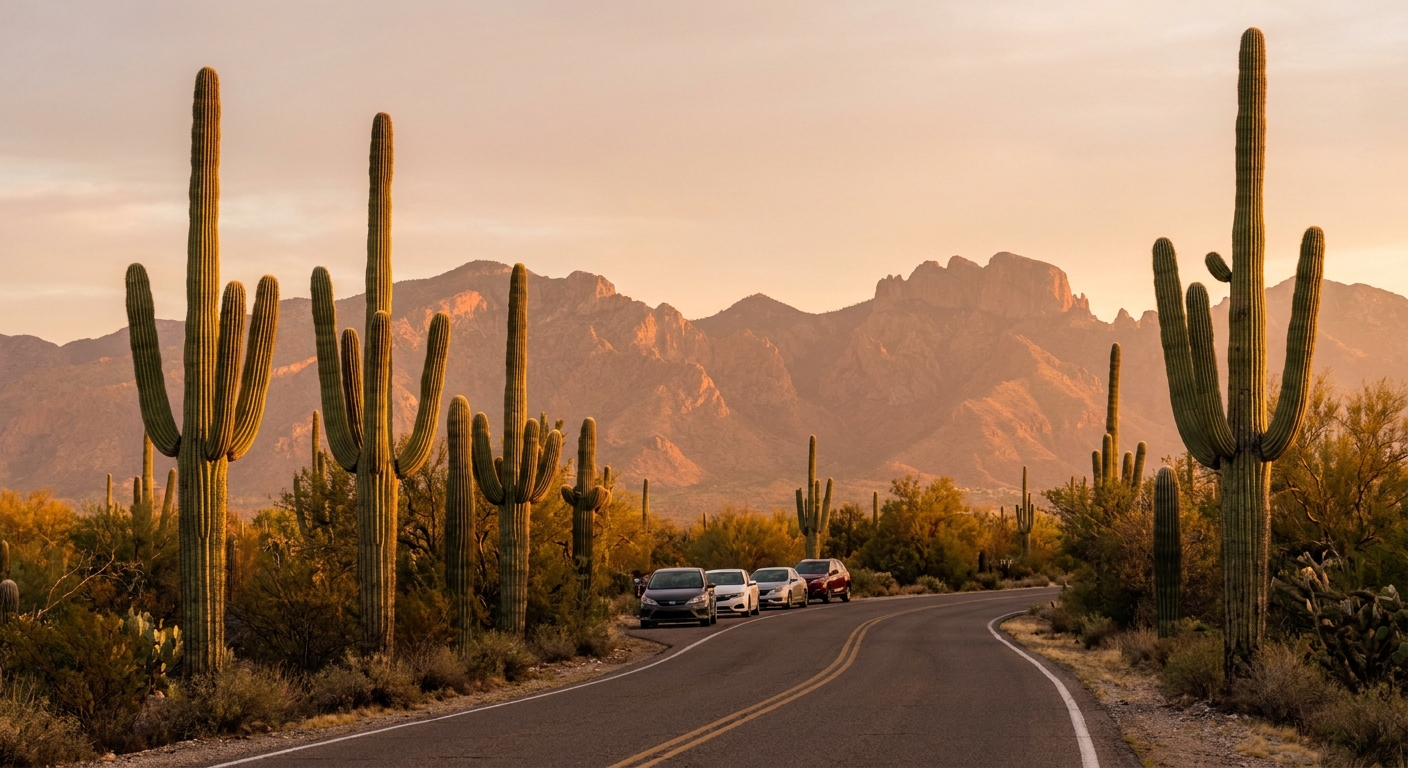 Sunrise light hitting tall saguaro cacti along the paved Cactus Forest Drive in Saguaro National Park East, with distant Rincon Mountains in the background, realistic travel photography