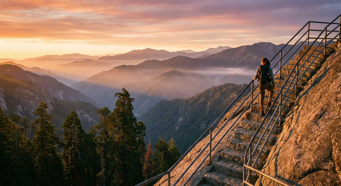 Sunrise light hitting the granite steps and railing up Moro Rock in Sequoia National Park with layered Sierra ridgelines in the distance, realistic landscape photograph