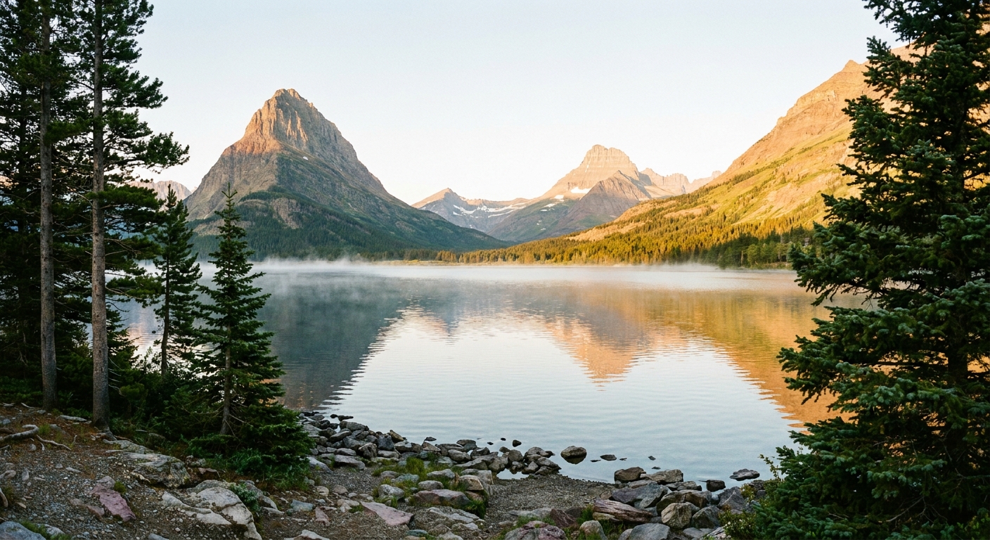 Sunrise light reflecting on Swiftcurrent Lake in the Many Glacier area with pine trees framing the shoreline and rugged peaks in the background, real photograph