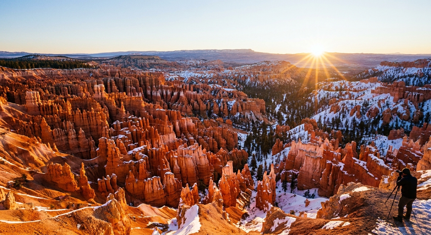 Sunrise light spilling across Bryce Canyon amphitheater with orange hoodoos and long purple shadows, photographed from a rim viewpoint