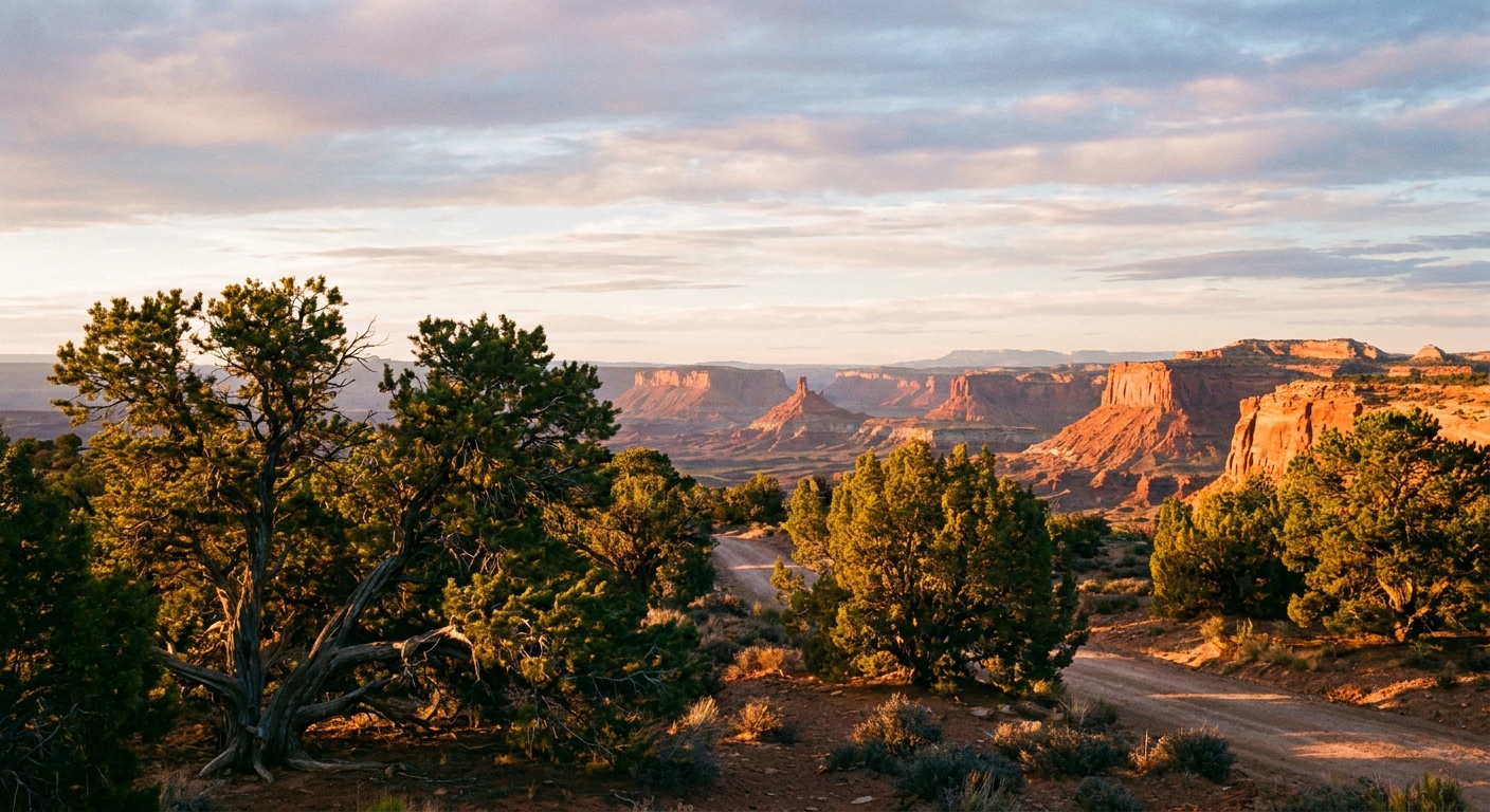 Sunrise light spilling across Cedar Mesa in southeastern Utah, with pinyon-juniper foreground and distant red rock canyons under a wide sky, real landscape photograph