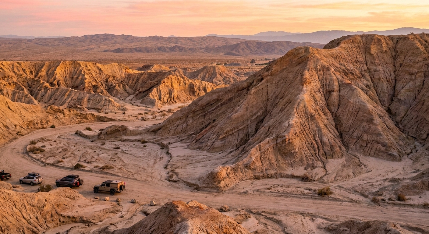 Sunrise light spilling across the badlands near Borrego Springs with low desert hills in the distance, realistic travel photography