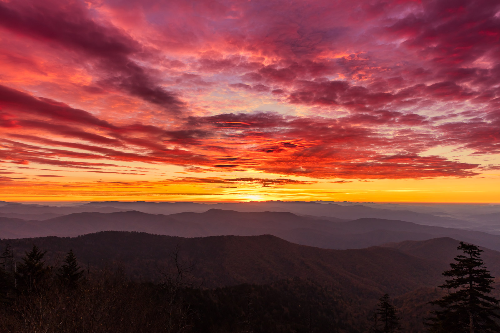 Sunrise over layered blue ridgelines seen from an overlook in Great Smoky Mountains National Park, soft mist in the valleys and warm light on distant peaks, real landscape photograph