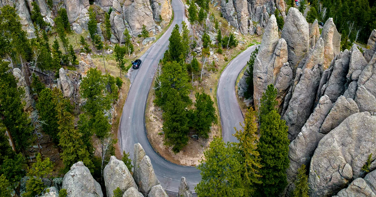 Tall granite spires rising above Needles Highway in Custer State Park with a curving road and ponderosa pines in the foreground, clear sky, realistic landscape photography