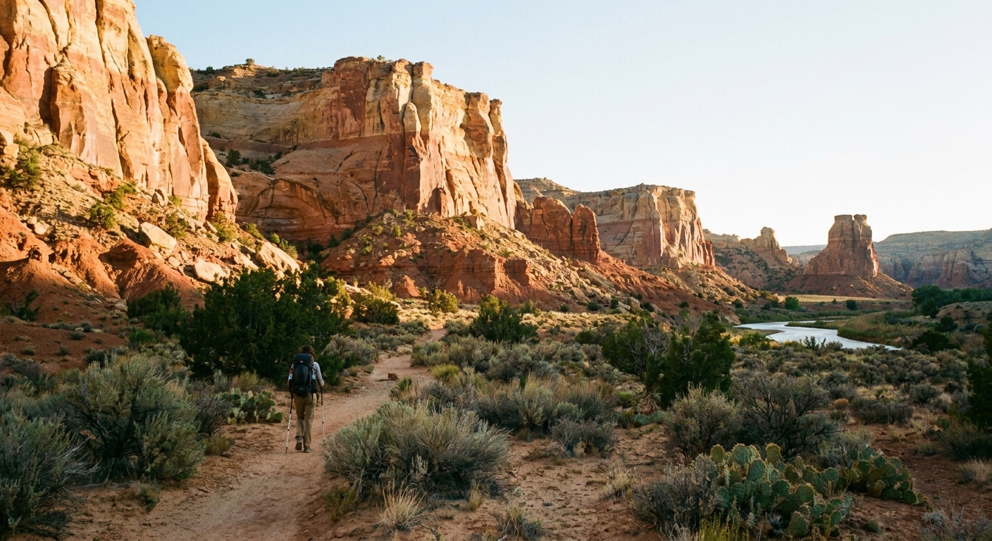 Tall red and tan rock walls at Ghost Ranch, with late-afternoon light and a hiker on a sandy path