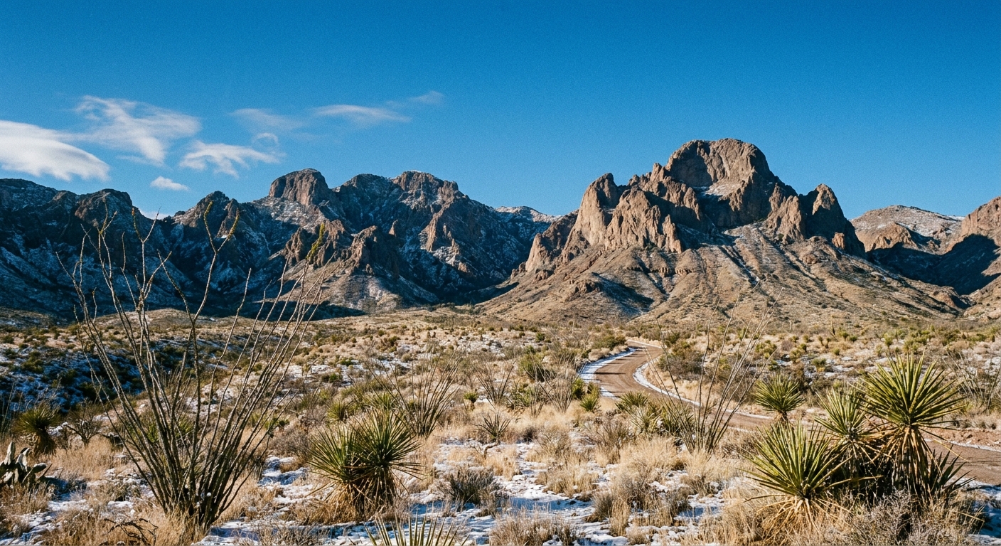 The Chisos Mountains in Big Bend National Park on a clear winter day with desert foreground and rugged peaks