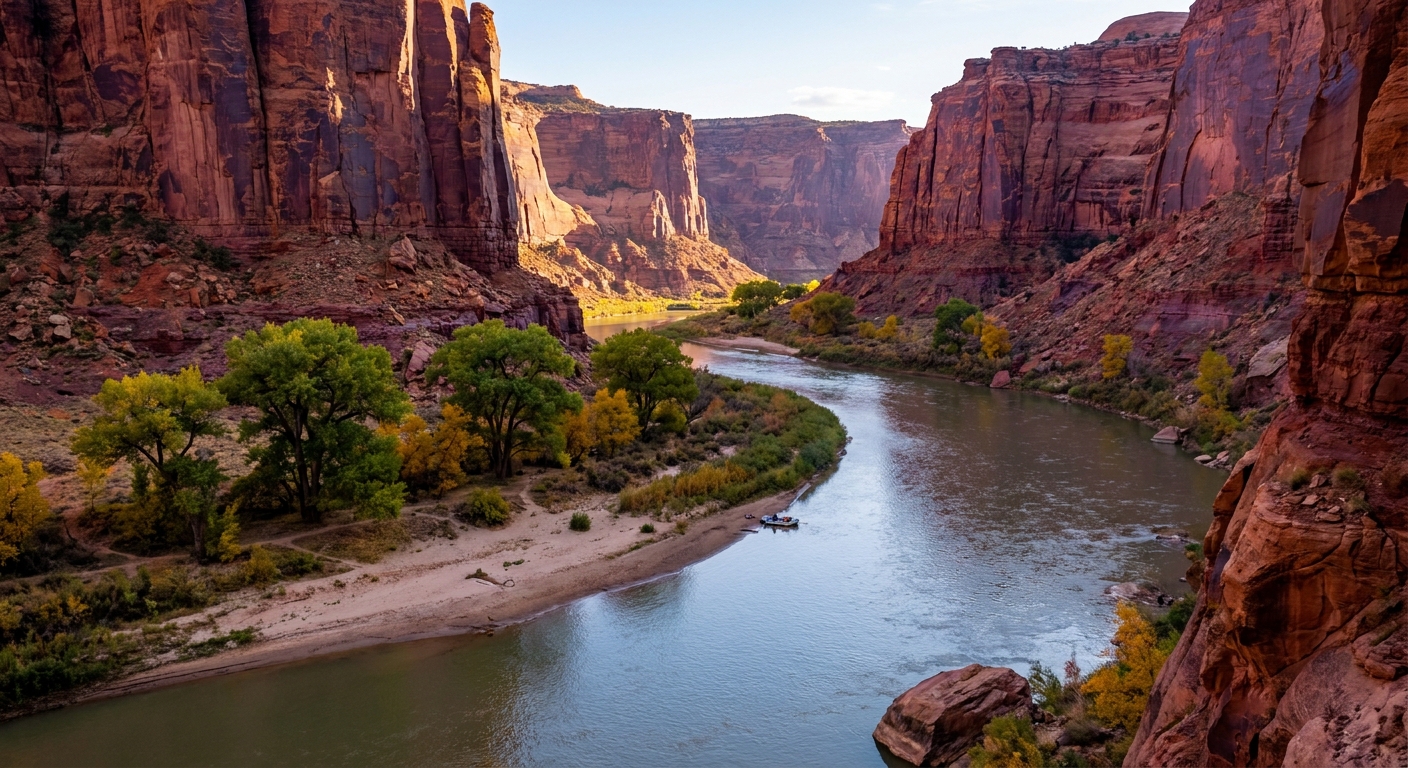 The Colorado River curving through a canyon near Moab with towering red rock cliffs and a few green cottonwood trees along the bank