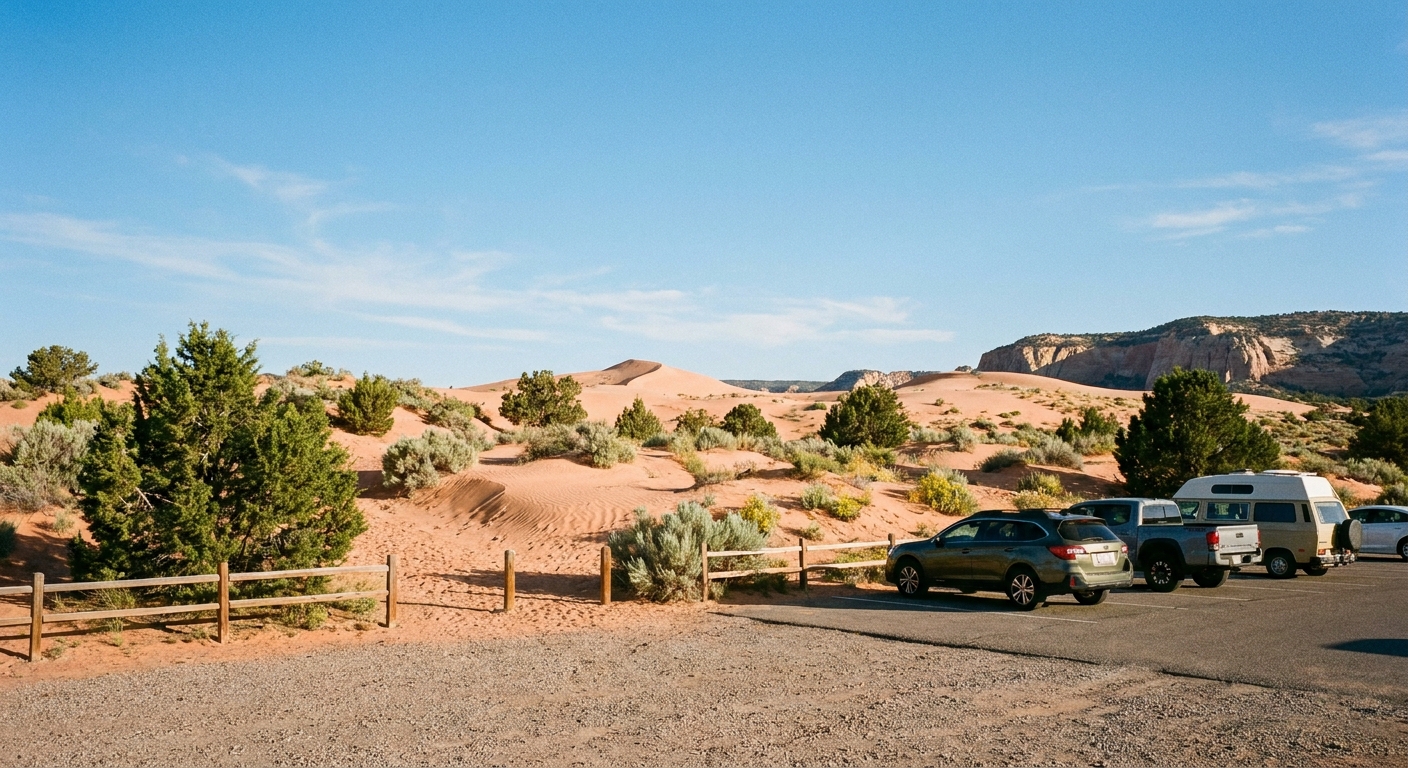 The Coral Pink Sand Dunes State Park day-use area in Utah with a parking lot edge, low dunes rising beyond, and a clear desert sky