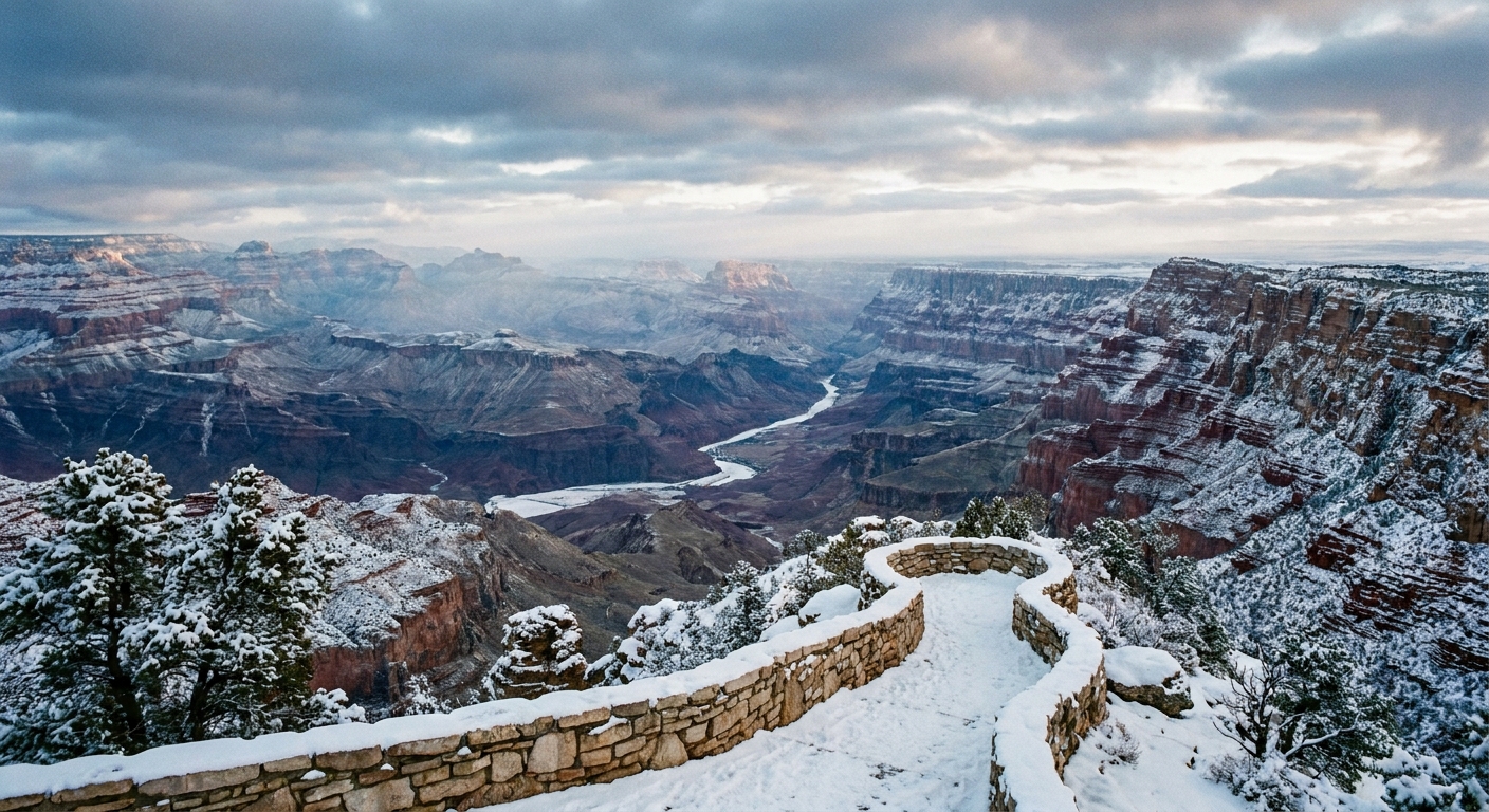 The Grand Canyon from the South Rim in winter with snow along the overlook wall and layered canyon cliffs fading into the distance