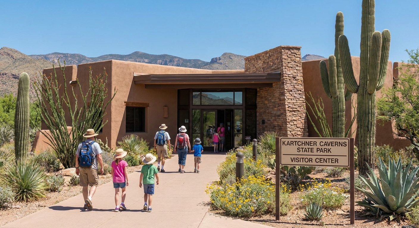 The Kartchner Caverns visitor center exterior on a bright day, with desert landscaping, blue sky, and visitors walking toward the entrance, realistic photography style