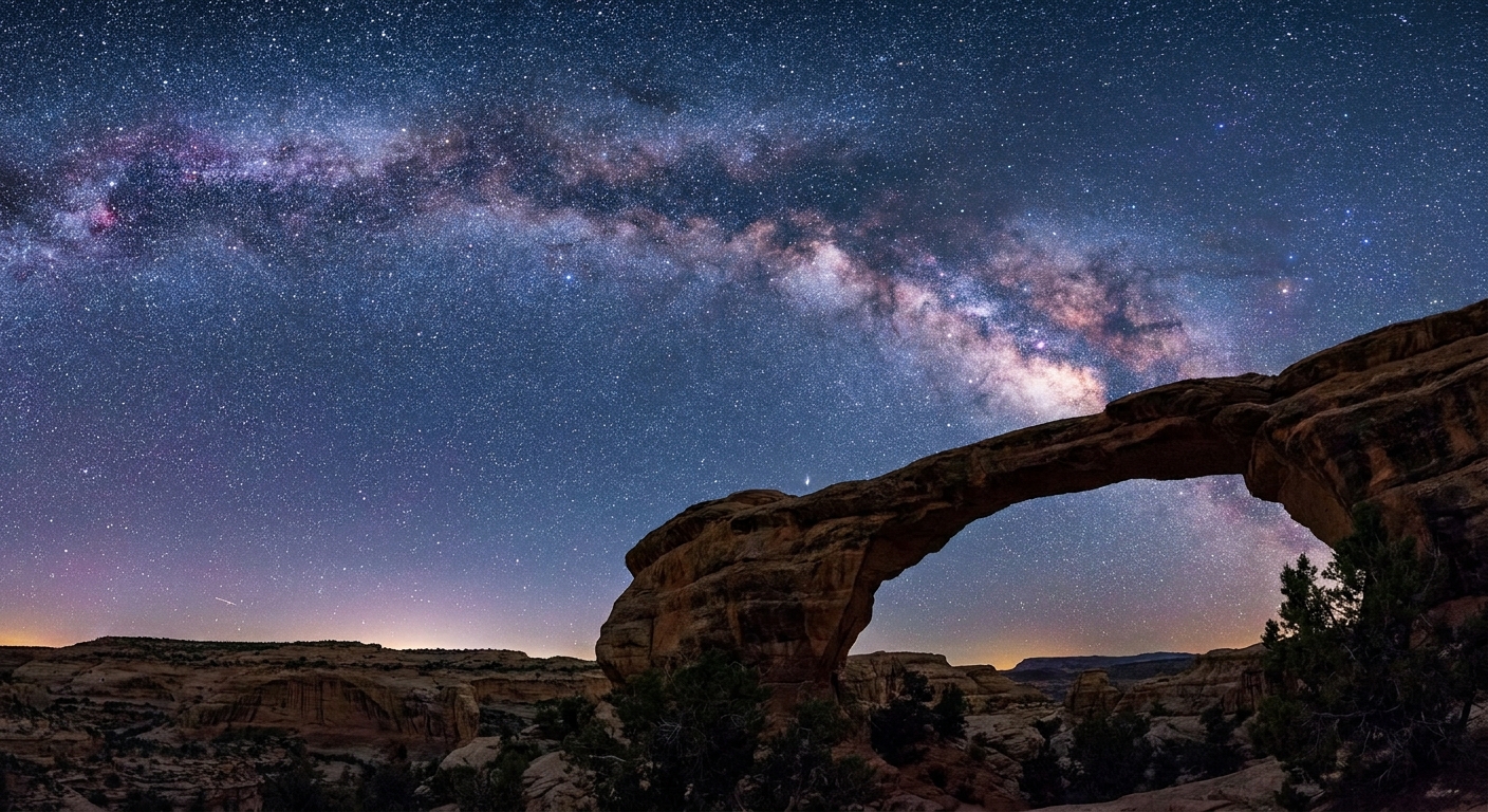 The Milky Way arching over a silhouetted sandstone bridge at Natural Bridges National Monument on a clear moonless night, long-exposure night photography style
