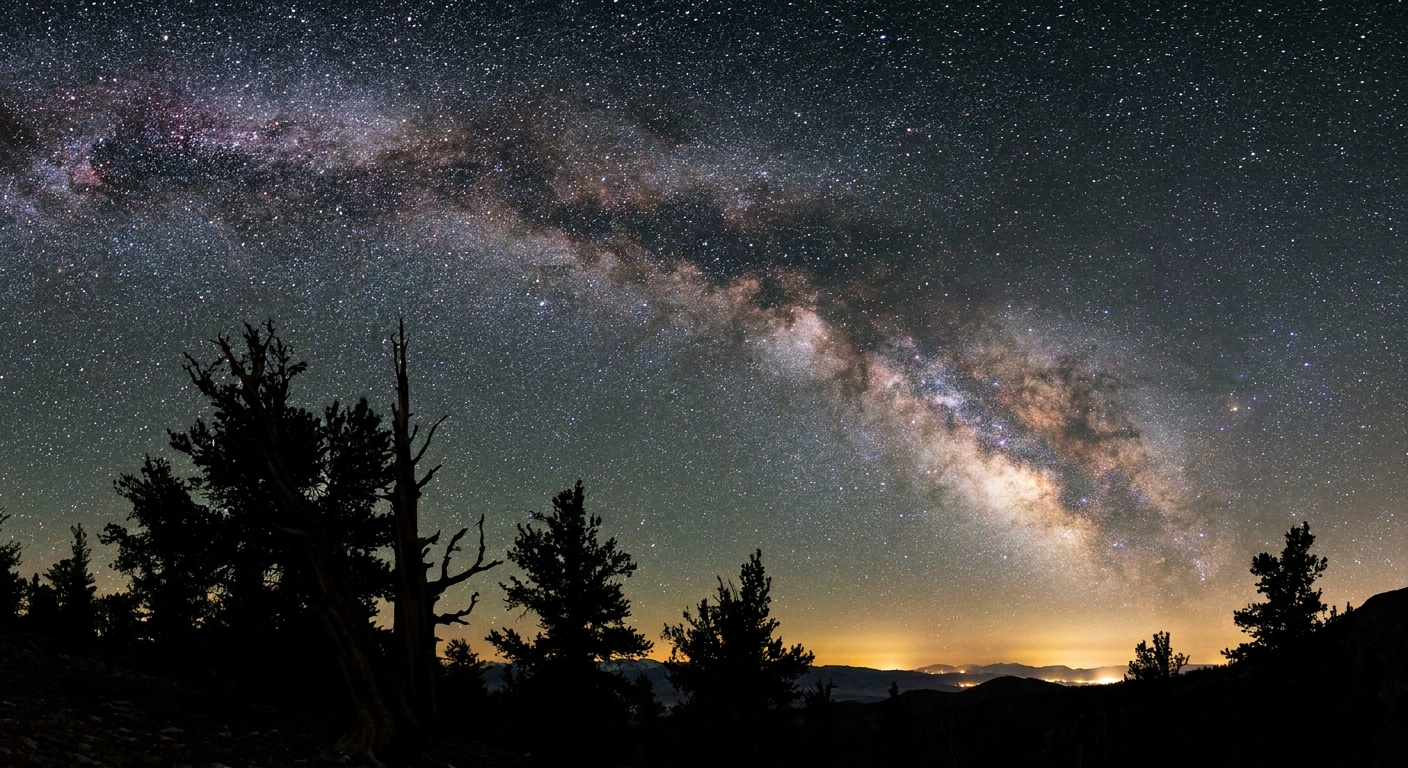 The Milky Way stretching across a dark sky above silhouetted pine trees in Great Basin National Park, Nevada, long-exposure night photography