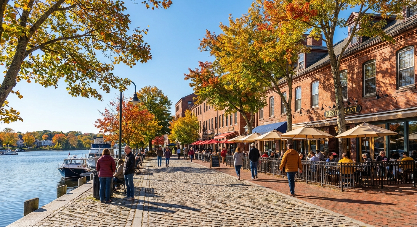 The Newburyport riverfront along the Merrimack River with brick buildings, outdoor seating, and trees turning yellow in crisp fall light, photorealistic travel photography