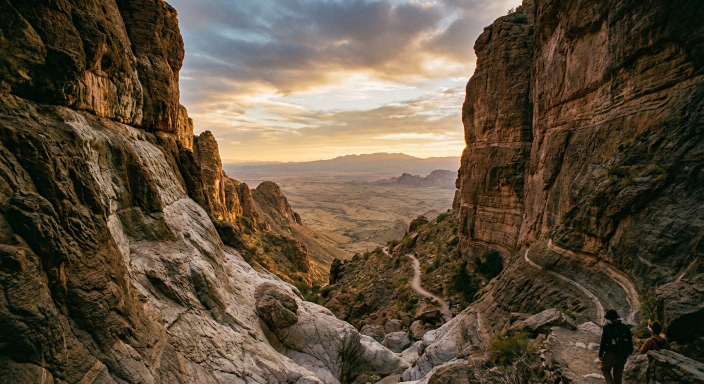 The Window view in Big Bend National Park showing a rocky pour-off framed by canyon walls, opening to the desert plain in the distance
