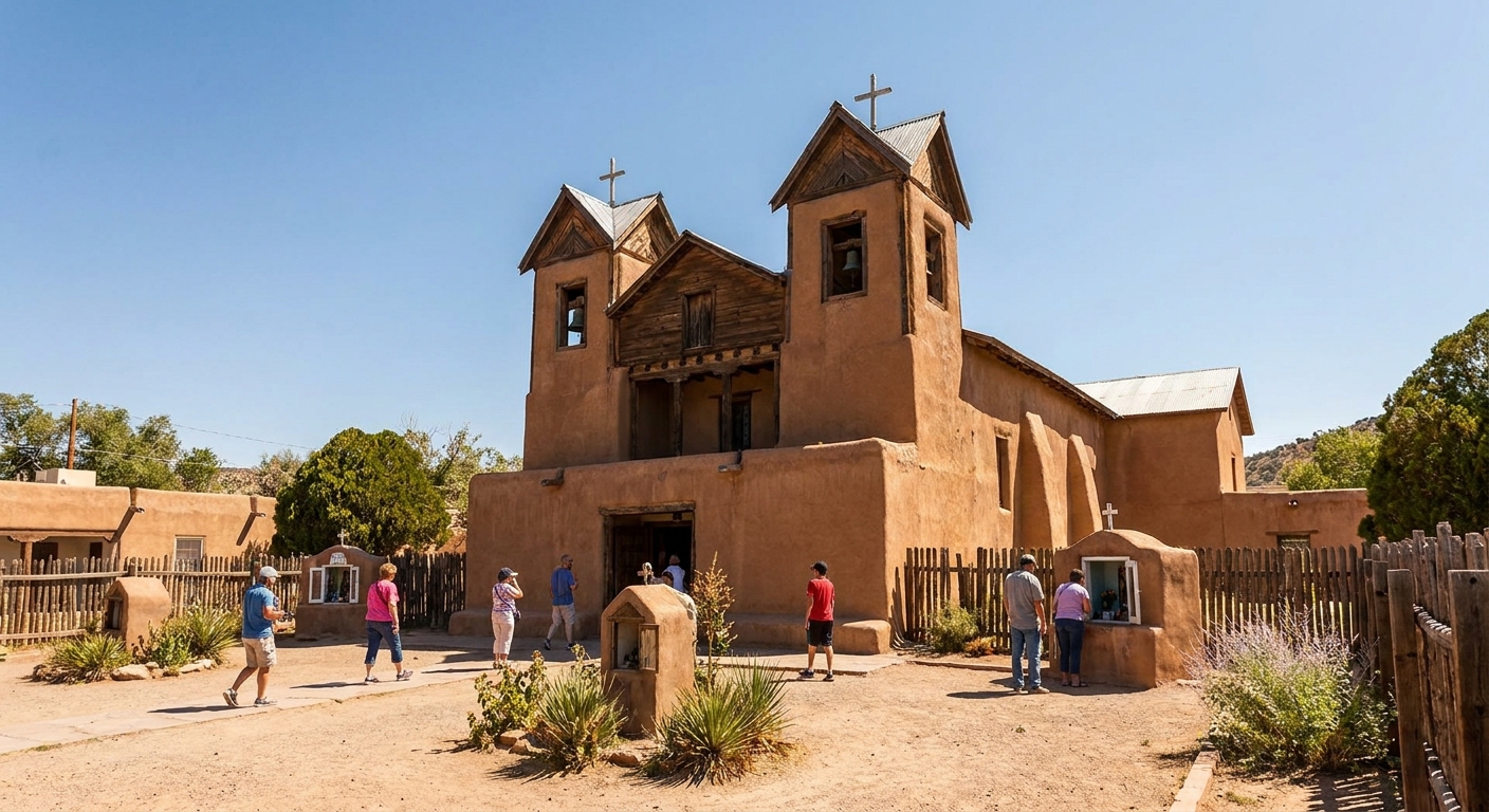 The exterior of El Santuario de Chimayó in Chimayó, New Mexico, with its adobe walls, twin bell towers, and a small courtyard under bright high-desert sunlight, real travel photography style