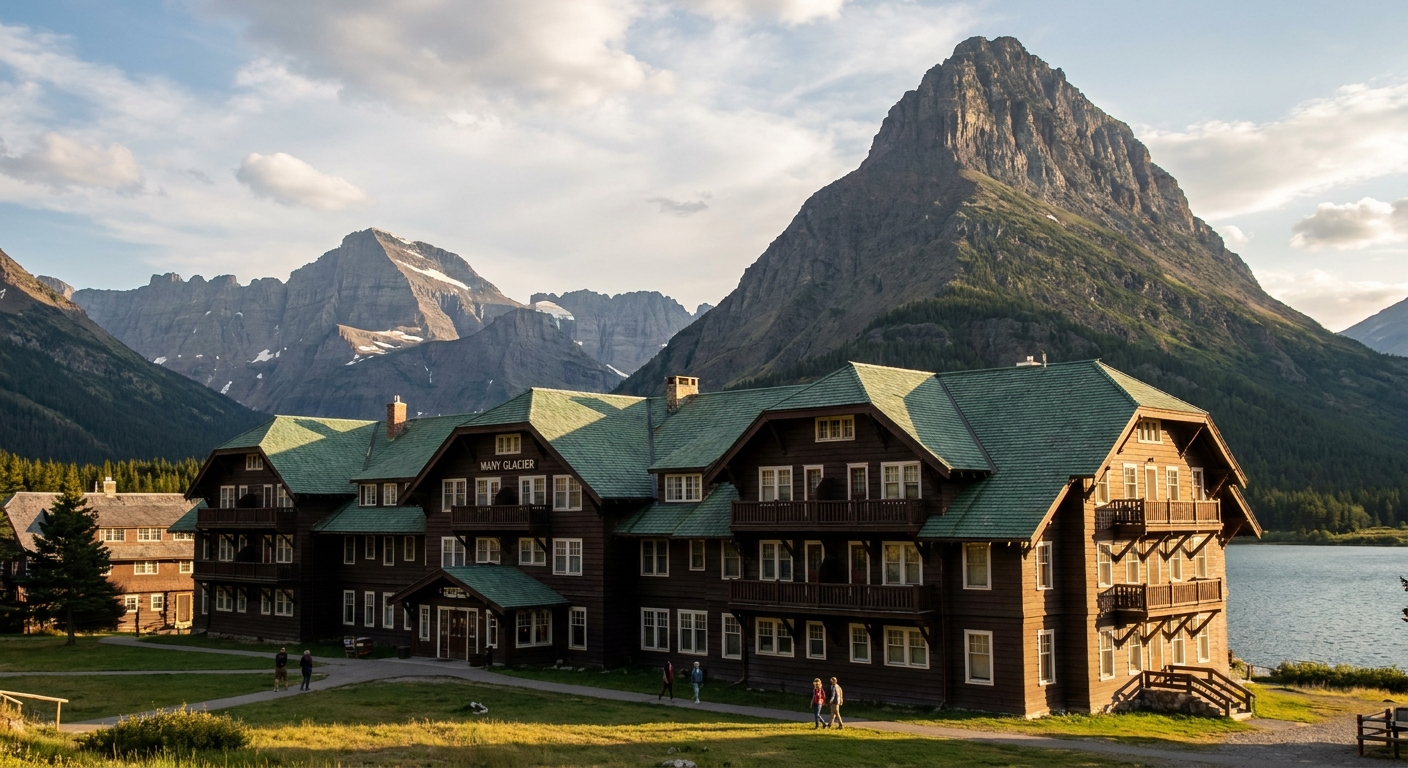 The exterior of Many Glacier Hotel in afternoon light with the long wooden facade, green roofline, and mountains towering behind, real photograph