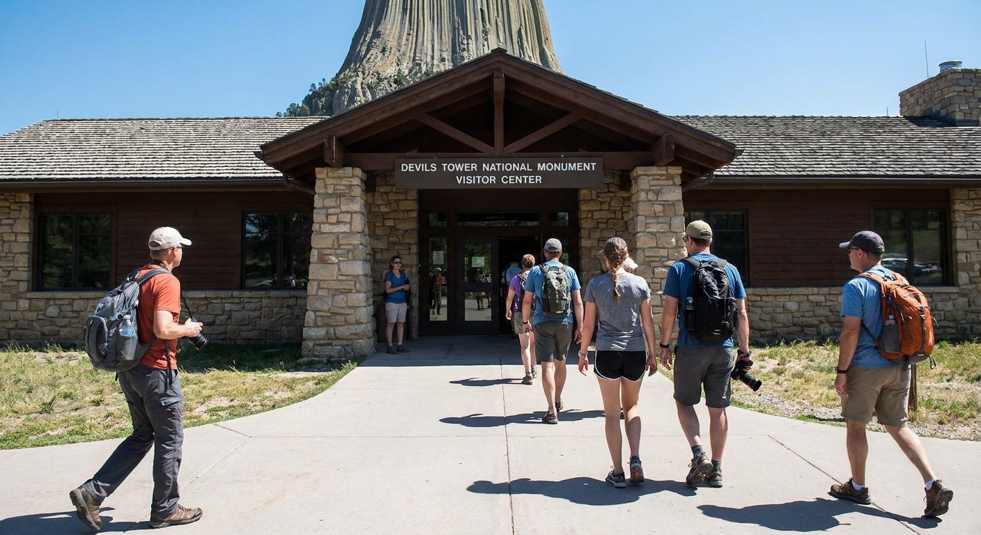 The exterior of the Devils Tower National Monument Visitor Center with visitors walking toward the entrance under bright midday light, realistic travel photo