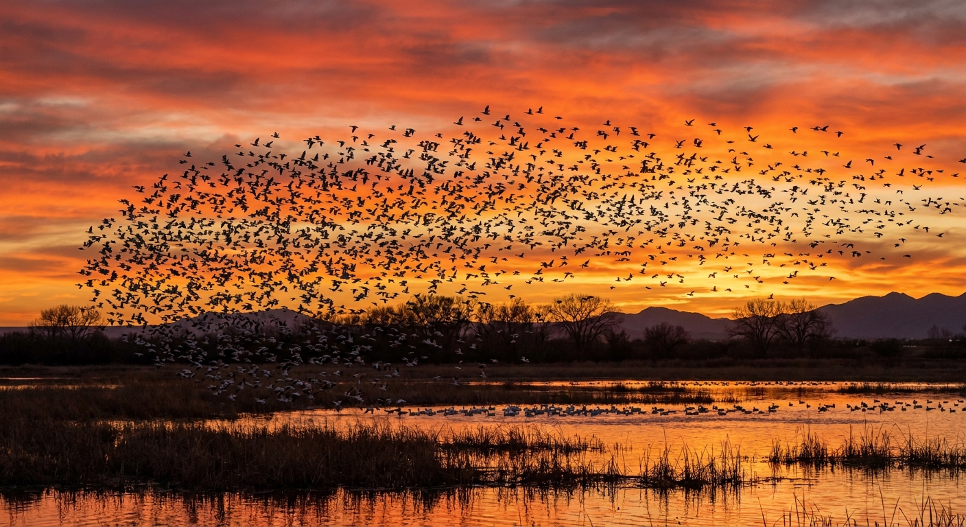 Thousands of snow geese circling over a wetland at sunset at Bosque del Apache, with warm light and silhouettes reflected in the water