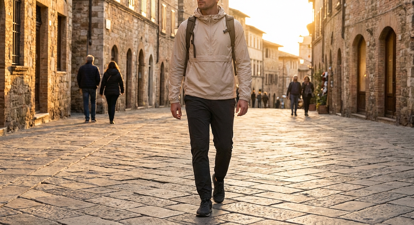 Traveler in dark tapered pants and a light shell on a cobblestone street at golden hour