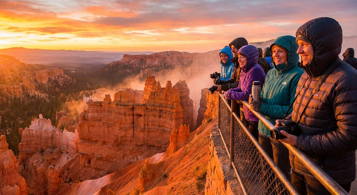 Travelers in jackets standing along the rail at Sunrise Point in Bryce Canyon as early morning light hits the hoodoos