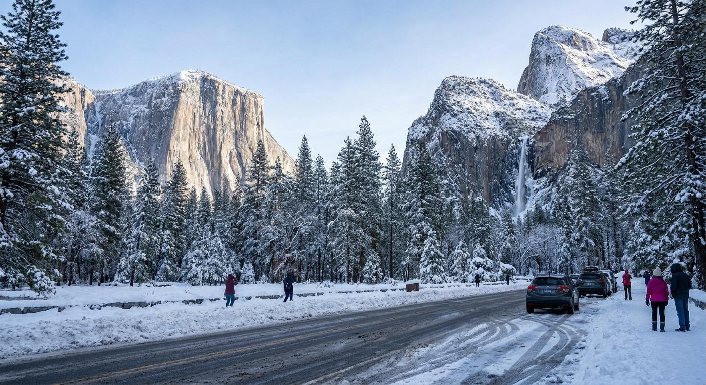 Tunnel View in Yosemite National Park during winter, with El Capitan and Bridalveil Fall visible beyond snow-covered pine trees and a plowed roadside pullout
