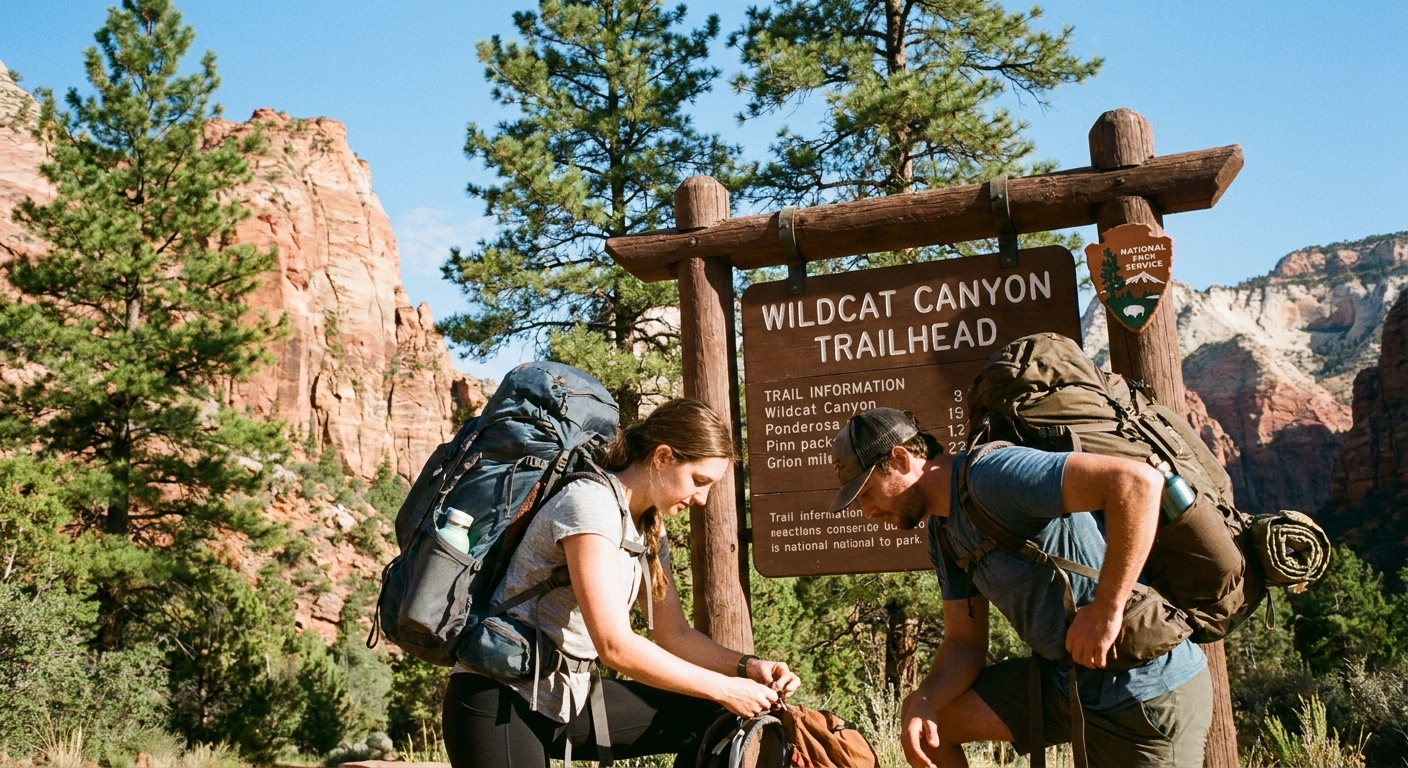 Two backpackers adjusting packs at the Wildcat Canyon trailhead sign in Zion National Park on a clear morning, travel photography