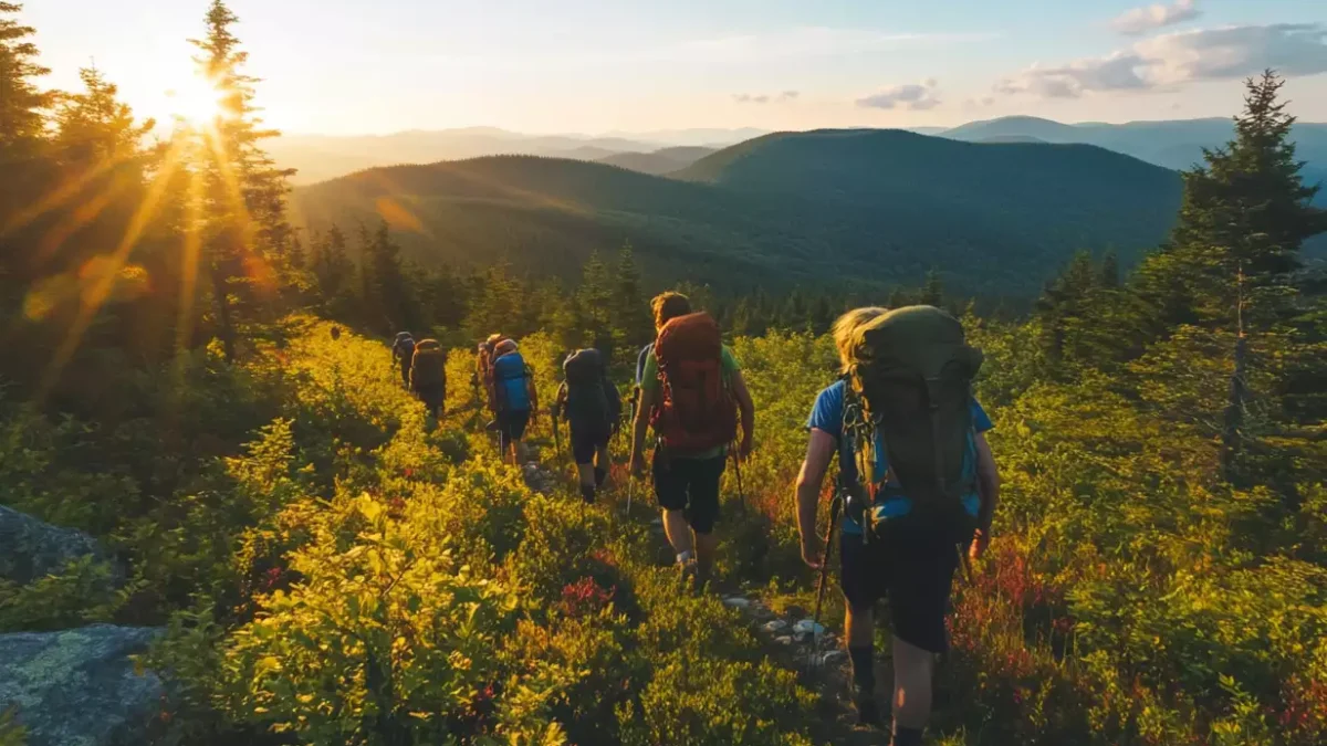 Two hikers at an alpine trailhead just after sunrise, adjusting backpacks with a mountain skyline in the background, realistic travel photography