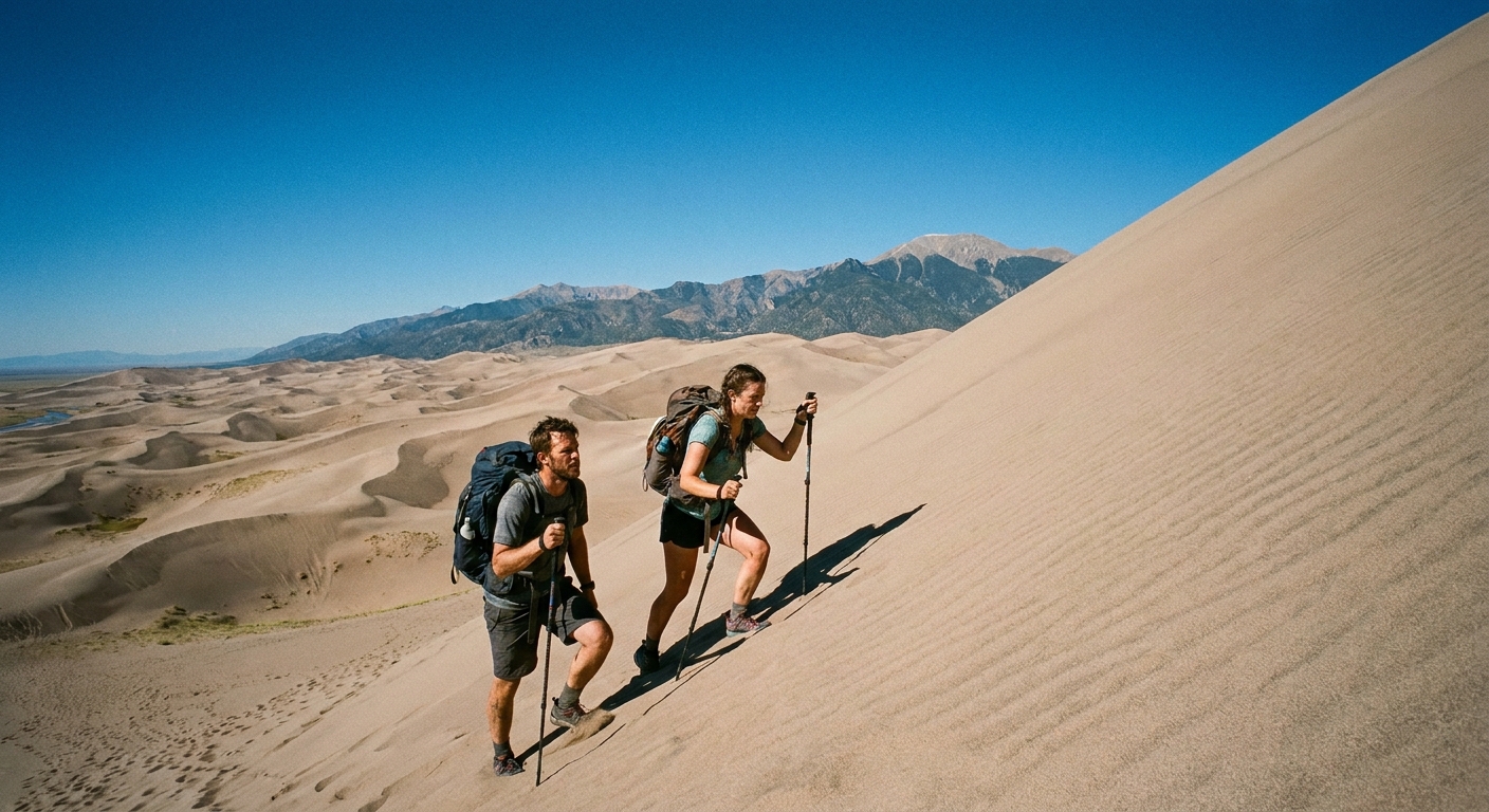 Two hikers climbing a steep sandy slope toward High Dune in Great Sand Dunes National Park under a clear sky, real travel photo