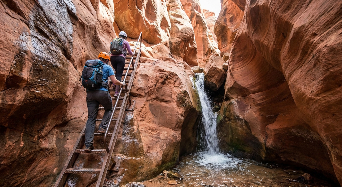 Two hikers in helmets and day packs climbing a metal ladder beside a small waterfall inside the narrow Kanarraville Falls slot canyon in Utah, wet sandstone walls towering above