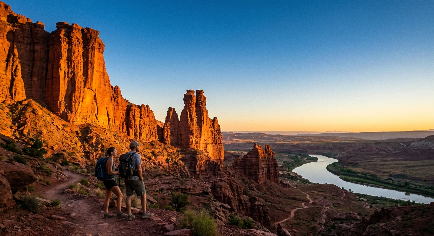 Two hikers on the Fisher Towers Trail in Utah at sunrise, with the red sandstone Fisher Towers glowing in warm light and a clear desert sky