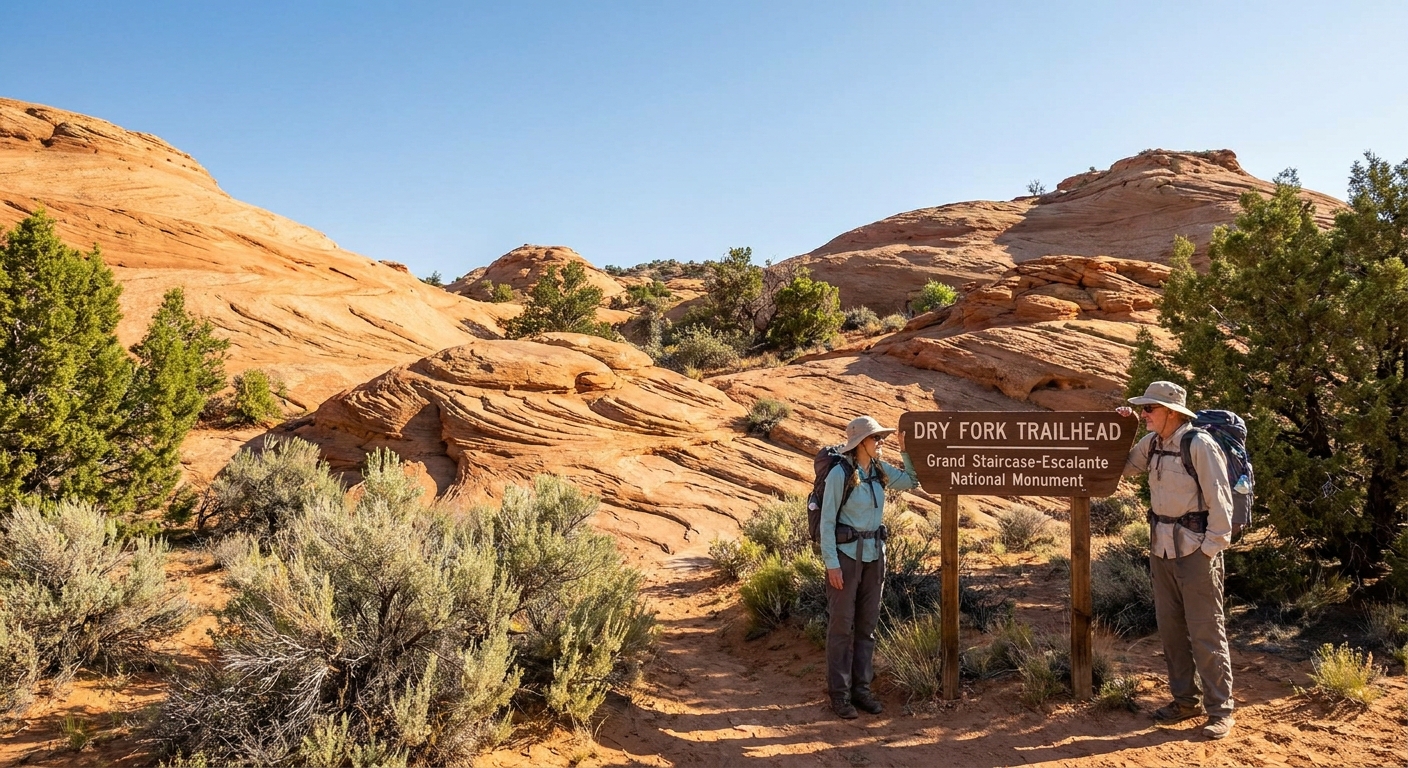 Two hikers standing near the Dry Fork trailhead sign in Grand Staircase Escalante, Utah, with slickrock and desert shrubs under a bright morning sky, real travel photography