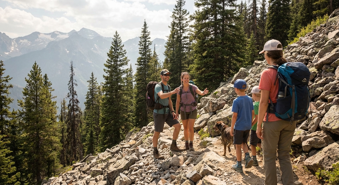 Two hikers stepping aside on a rocky section of trail to let another group pass, with pine trees and distant mountains in the background, candid photorealistic outdoor photography